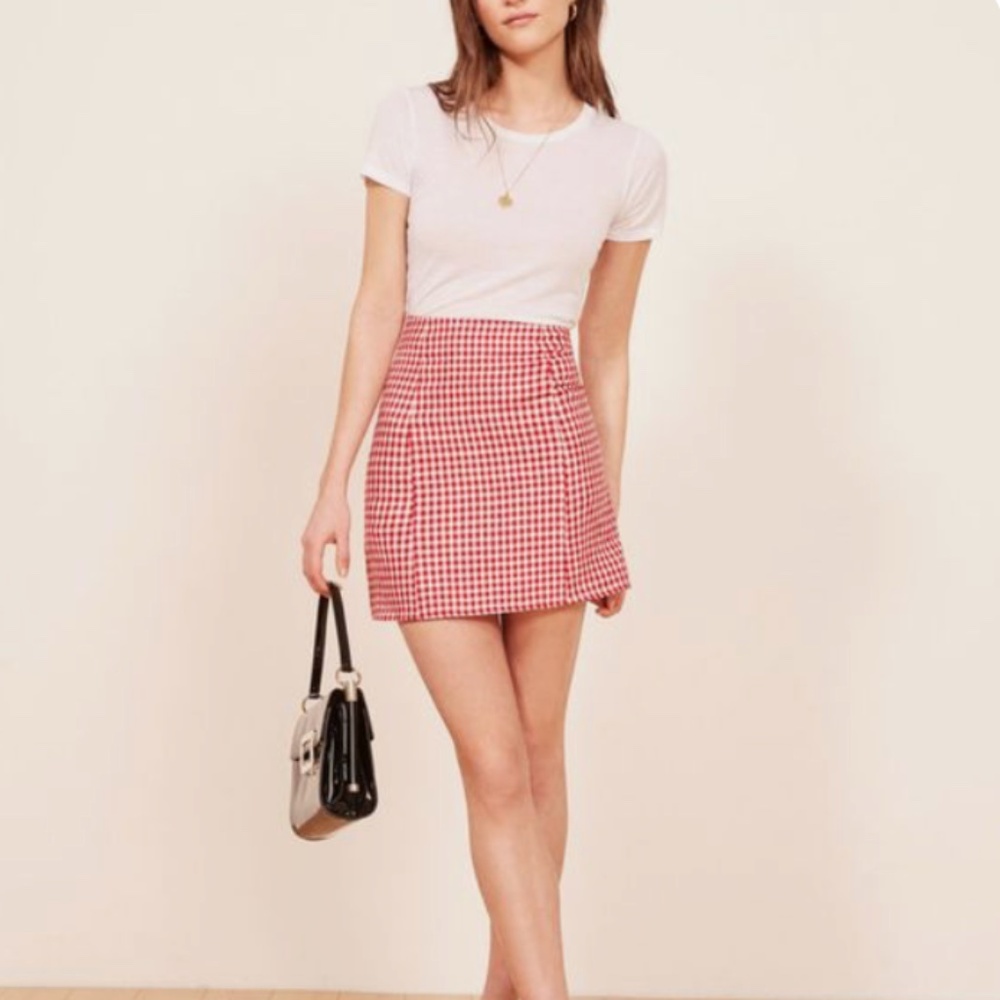 Reformation Ginghan Red & White Mini Skirt 6 - Picture 1 of 6